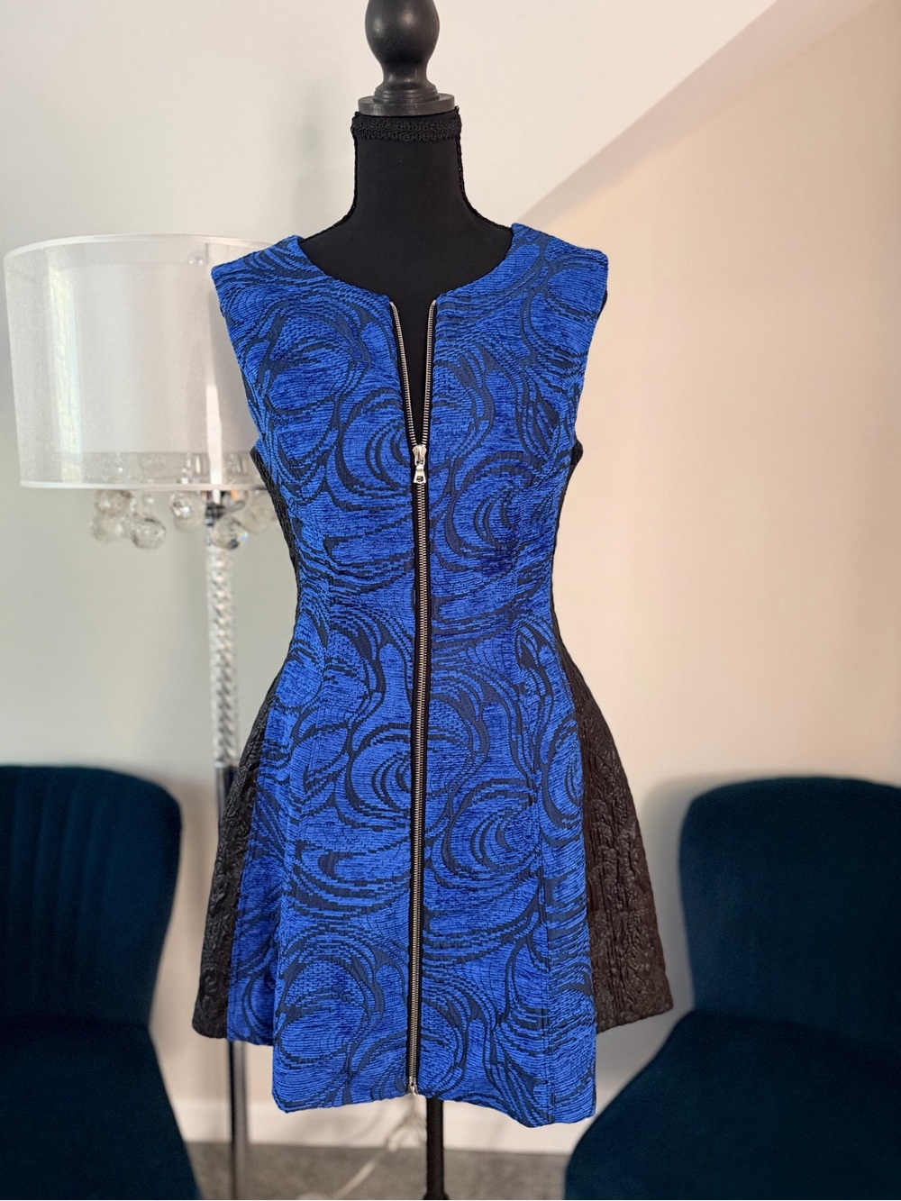 Alexis Blue and Black Zip-Front Fit & Flare Dress Sz M